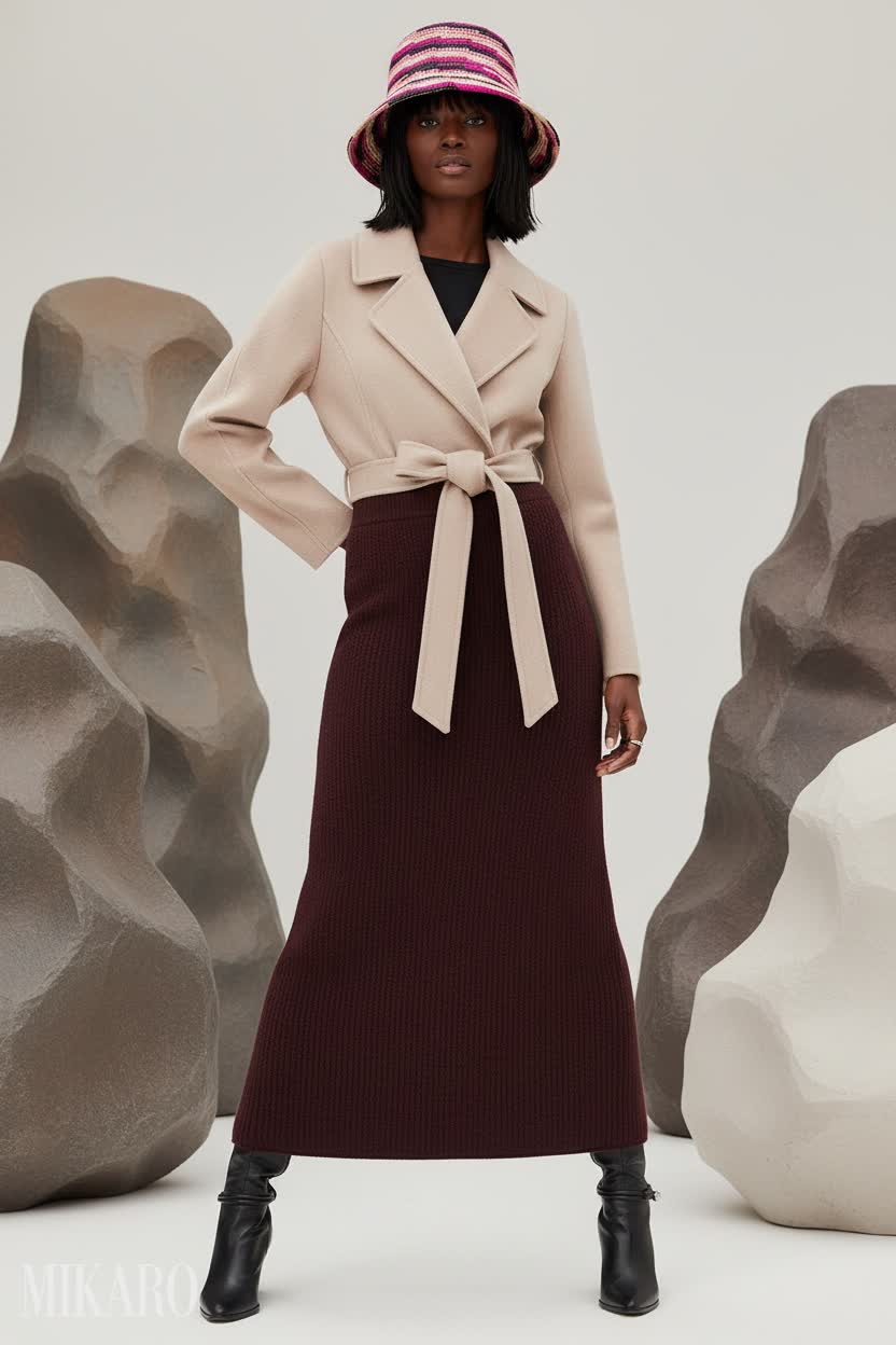 Cozy Chic: Ribbed Skirt, Wool Coat & Woven Hat Ensemble