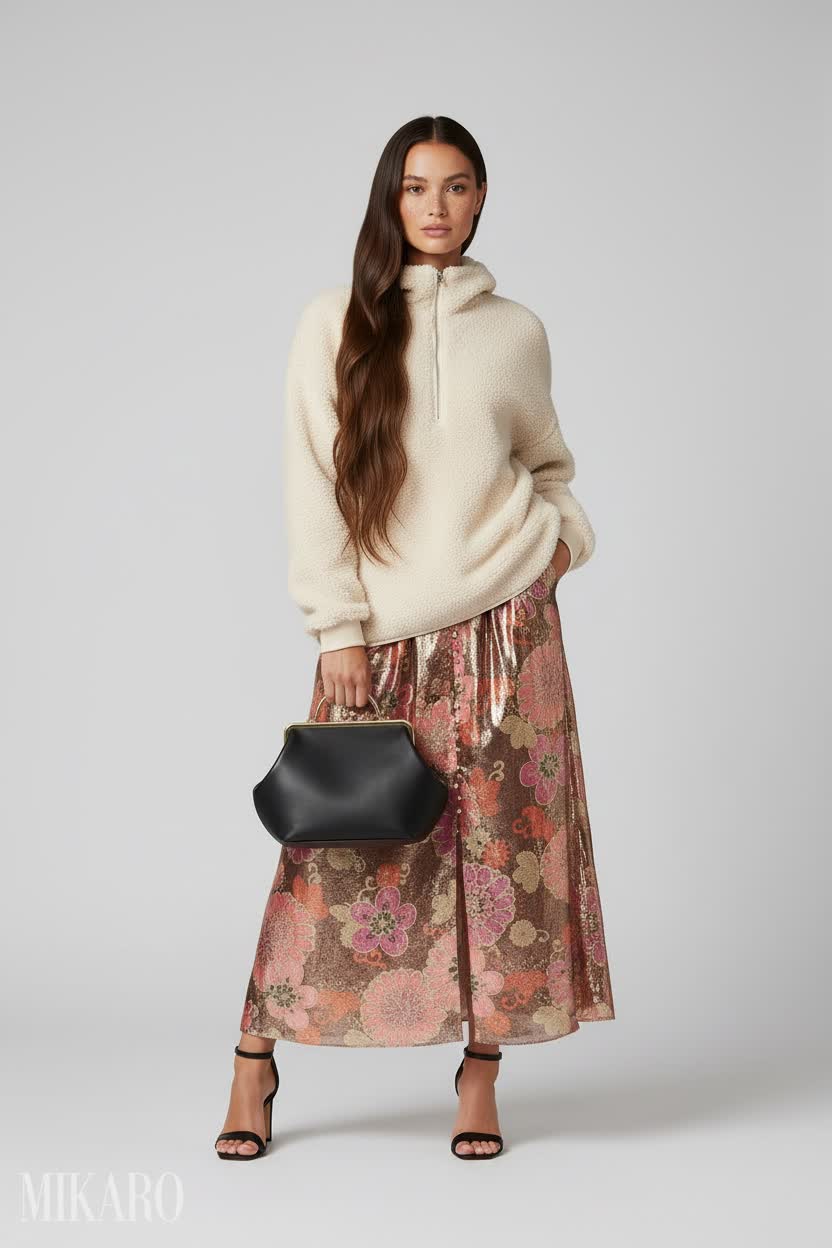 Cozy Glamour: Sherpa, Floral Maxi, and Kisslock Bag