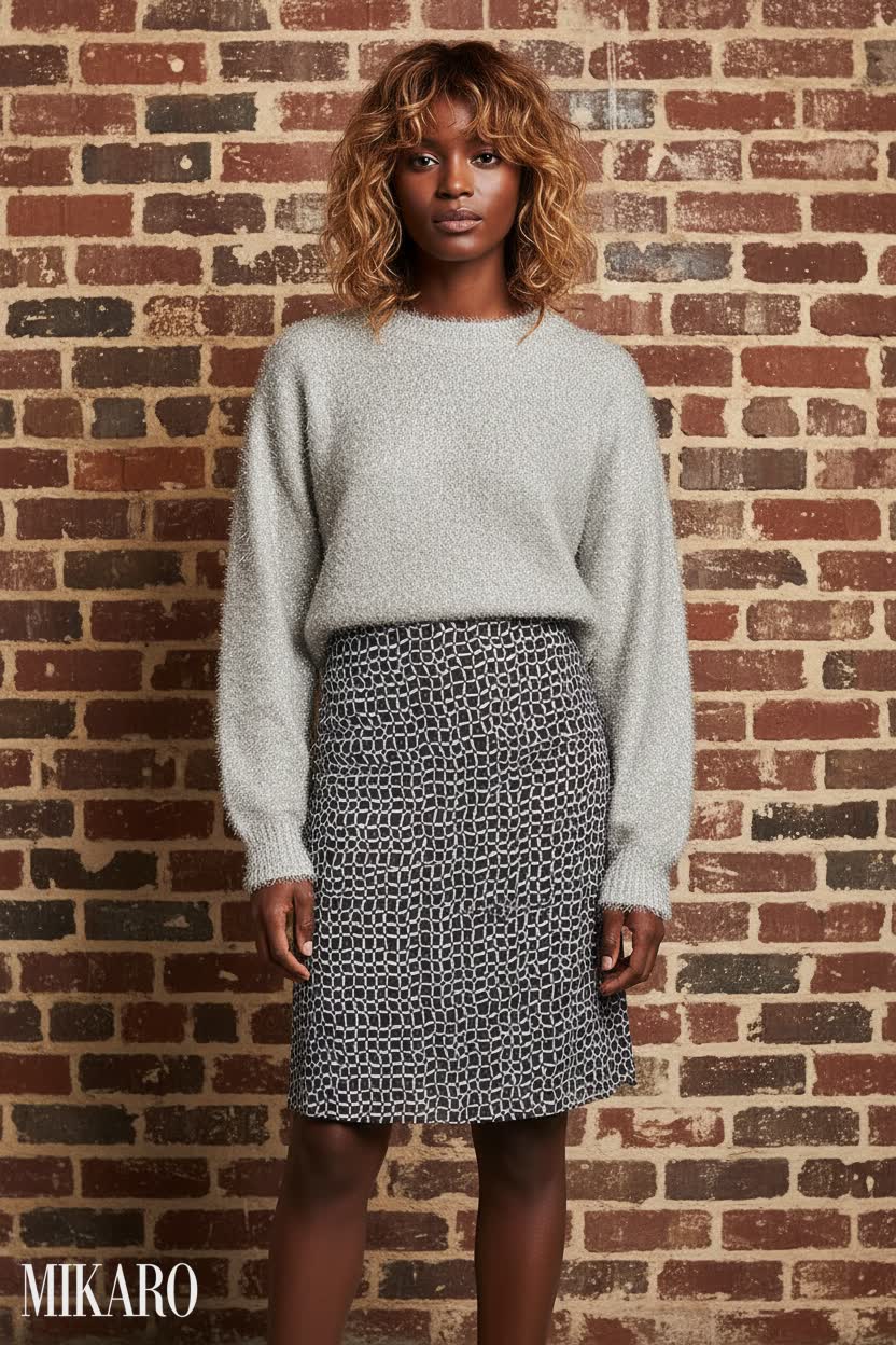 Cozy Glamour: Shimmer Sweater & Patterned Skirt