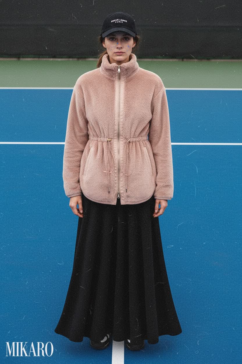 Cozy Pink Fleece Jacket and Black Maxi Skirt Ensemble