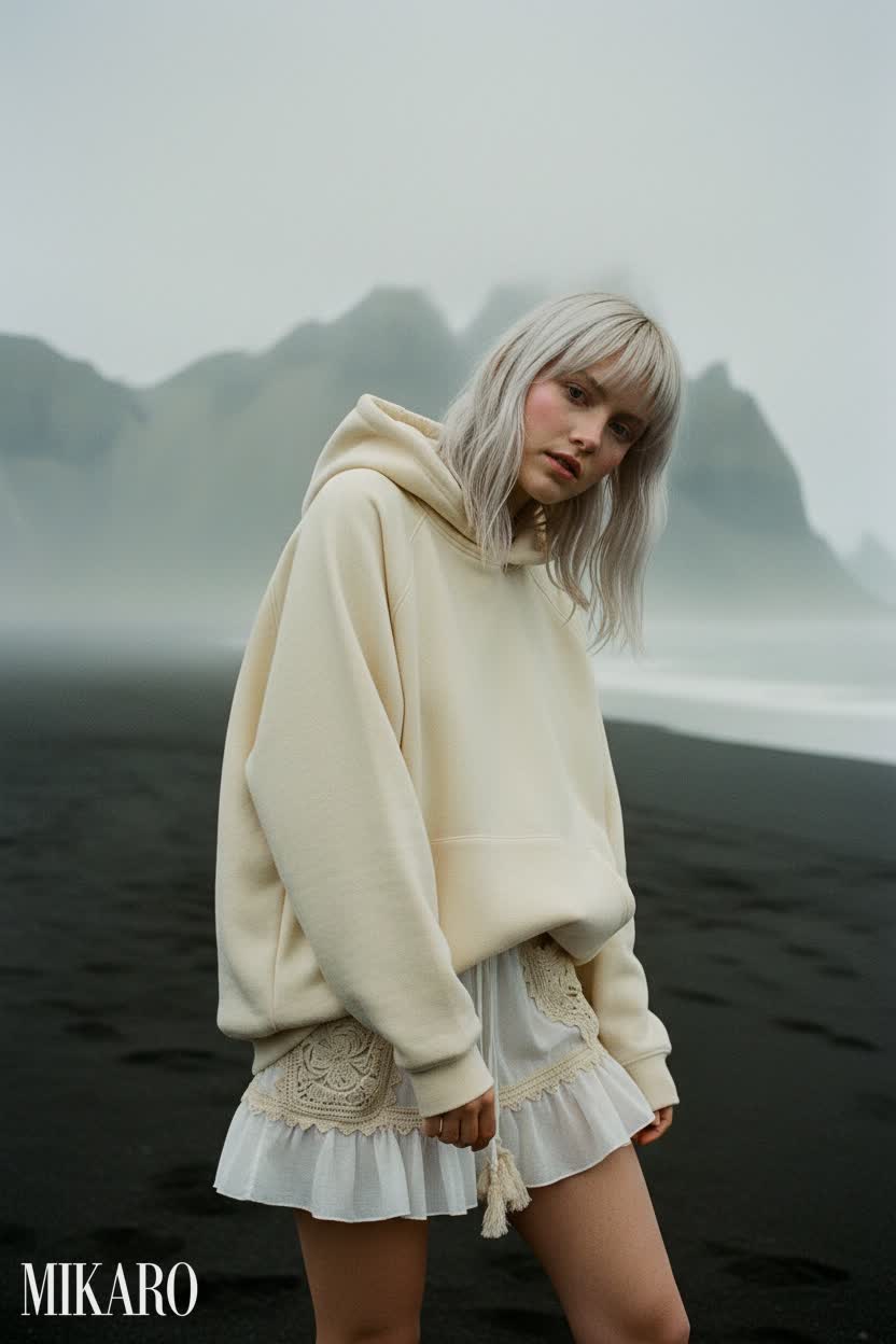 Cream Hoodie & Crochet Mini Skirt Ensemble