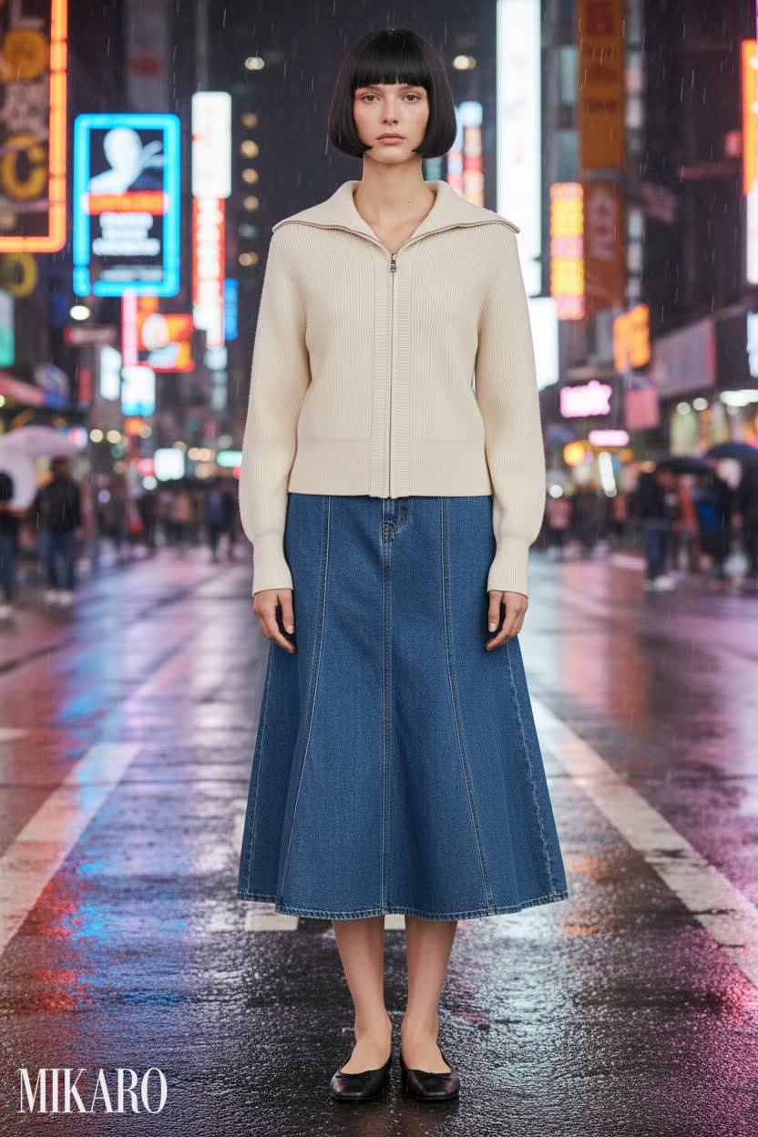 Denim Flare Skirt & Knit Jacket Ensemble