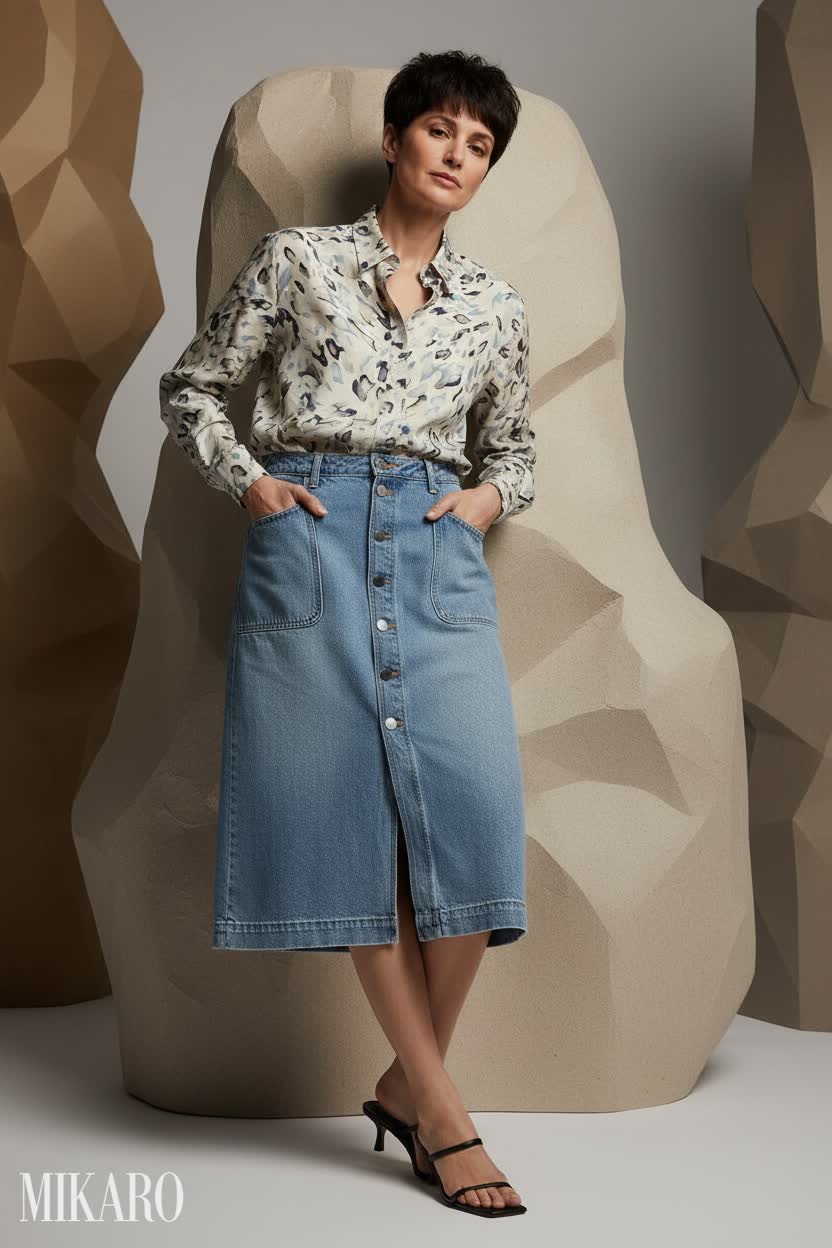 Denim Midi and Abstract Print Blouse