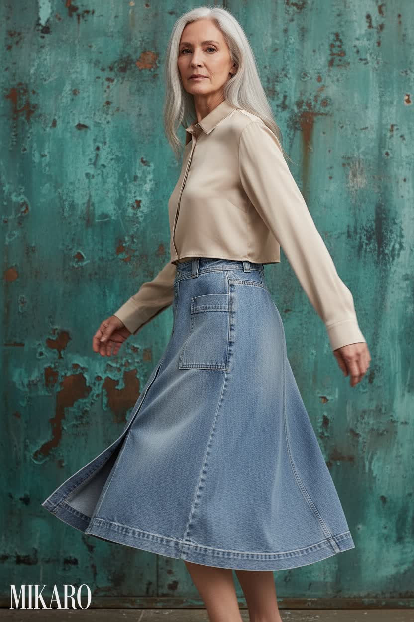 Denim Midi Skirt & Cropped Satin Shirt Ensemble