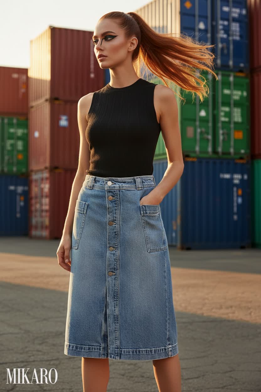 Denim Midi Skirt & Sleeveless Top Ensemble