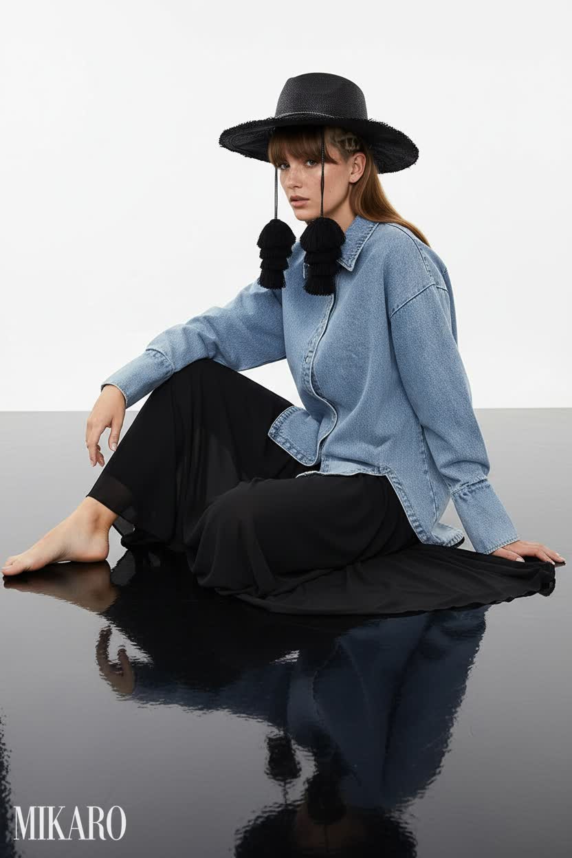 Denim Shirt & Black Maxi Skirt with Tassel Hat Ensemble