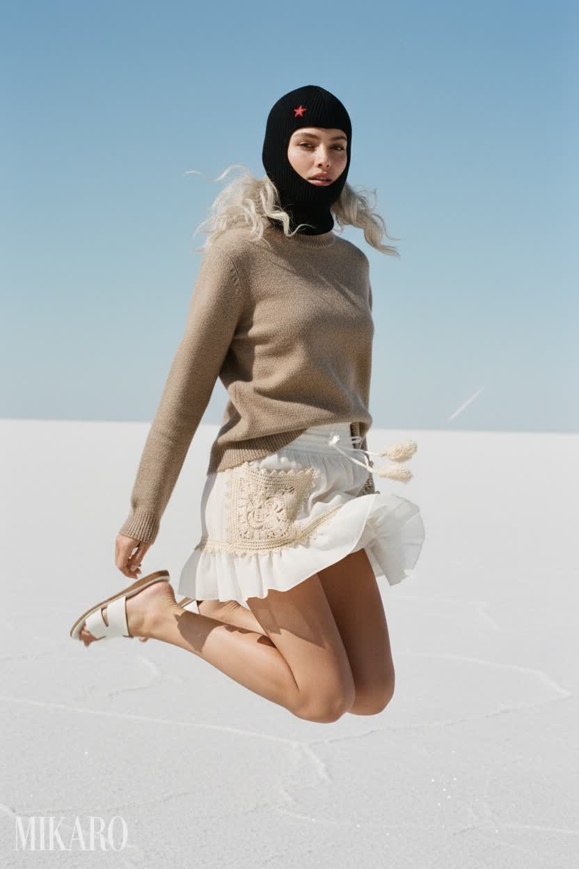 Desert Bloom: Balaclava and Mini Skirt Ensemble