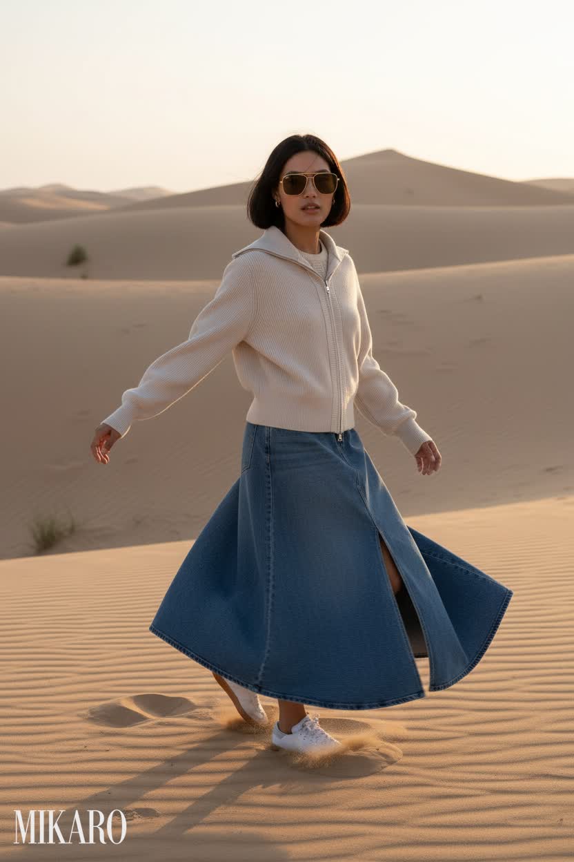 Petite woman in ribbed knit jacket, flowing denim skirt, sunglasses, desert at sunrise.