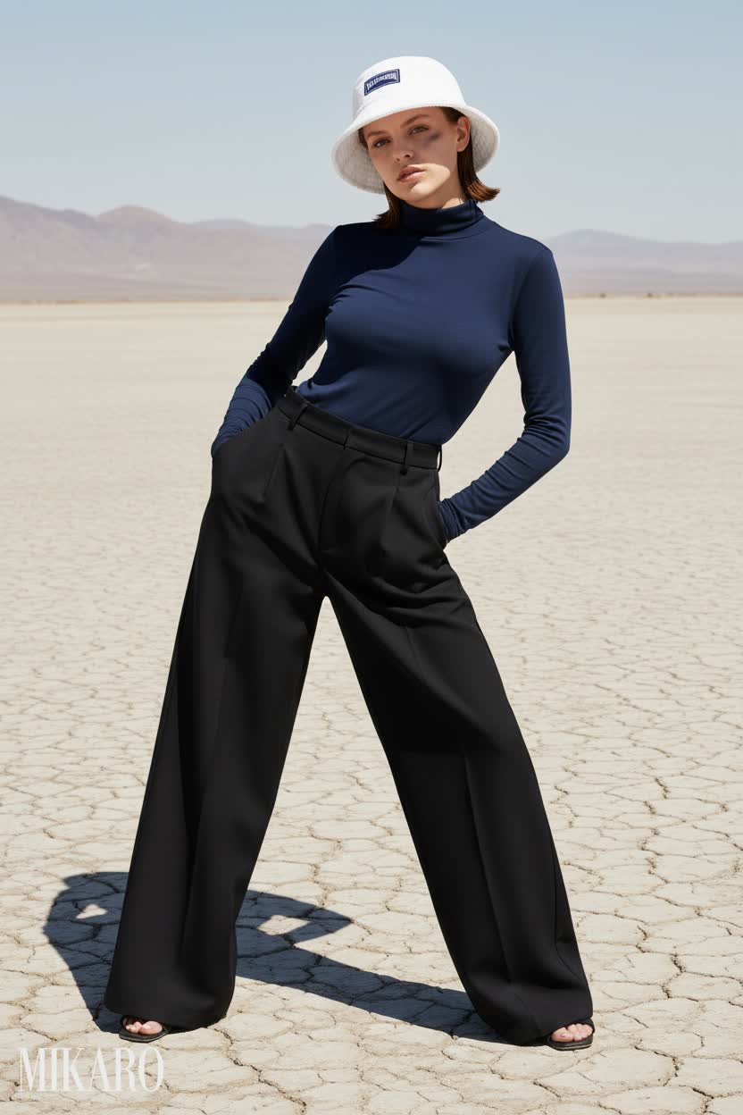 Desert Chic: Wide-Leg Trousers & Turtleneck Ensemble