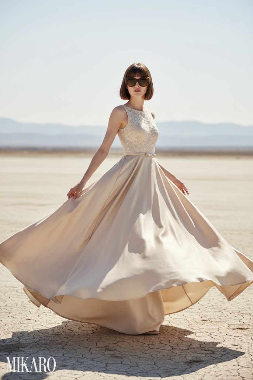 Desert Elegance: Champagne Gown & Balenciaga Sunglasses
