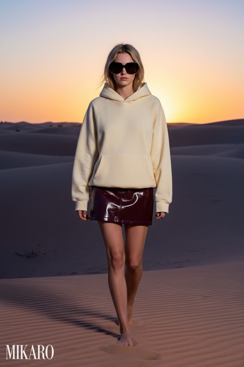 Woman in oversized hoodie, mini skirt, sunglasses walking on desert dunes.