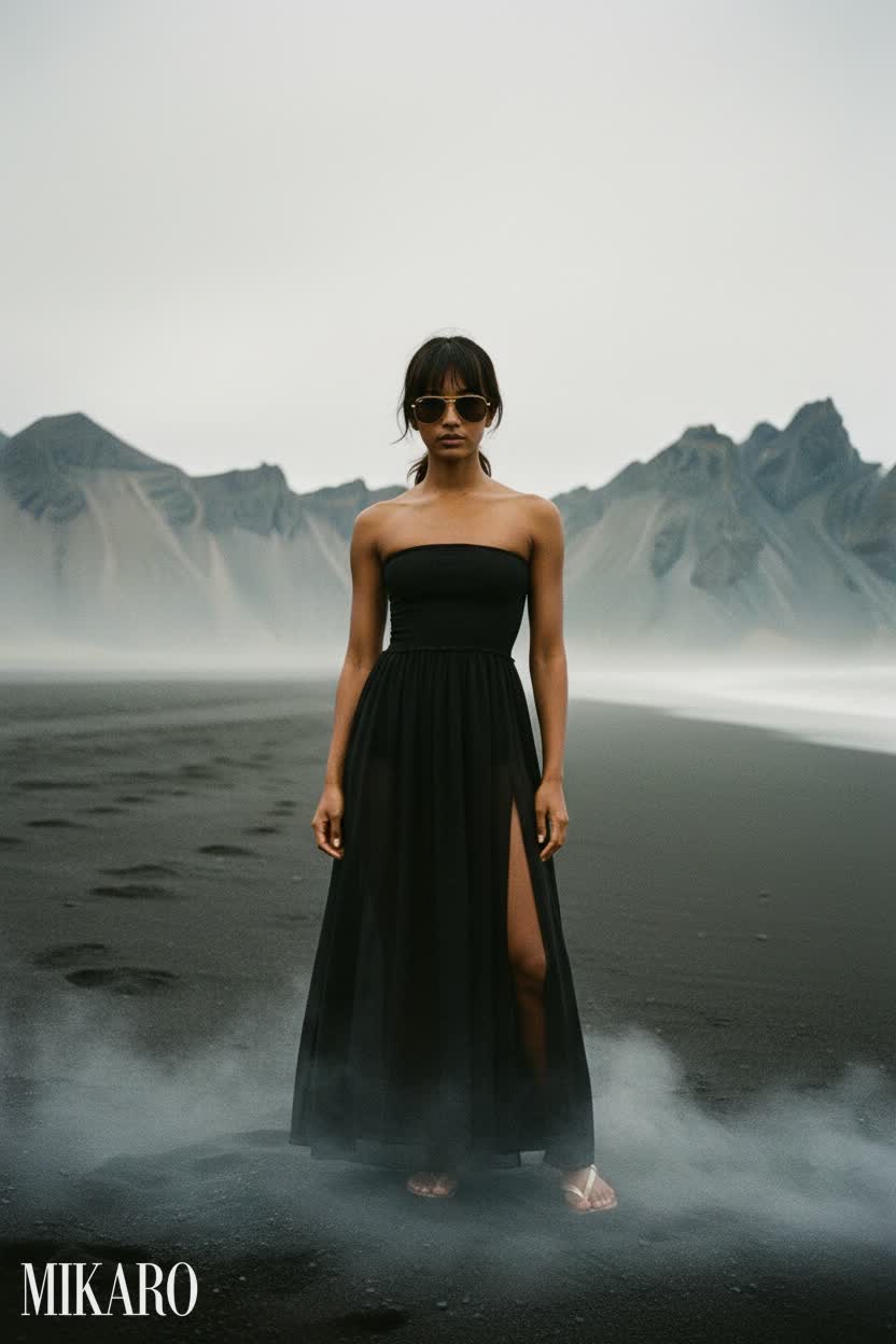 Dramatic Beachside Elegance: Strapless Maxi Dress & Aviator Sunglasses