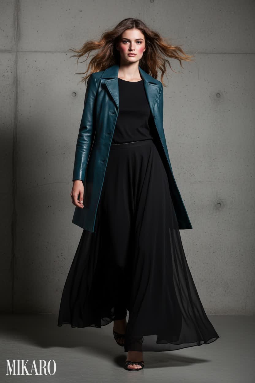 Dramatic Fashion Walk in Teal and Black