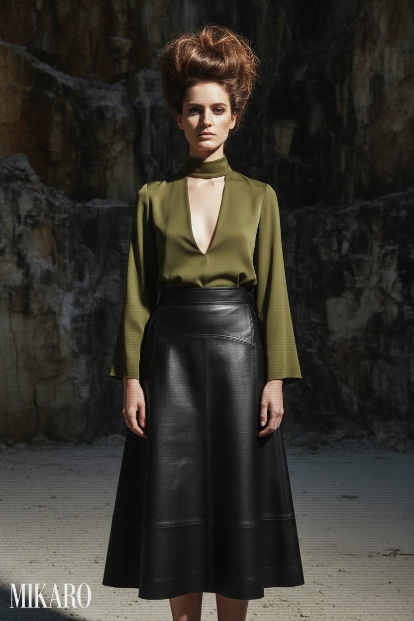 Dramatic Quarry Fashion: Olive Blouse & Leather Skirt Ensemble
