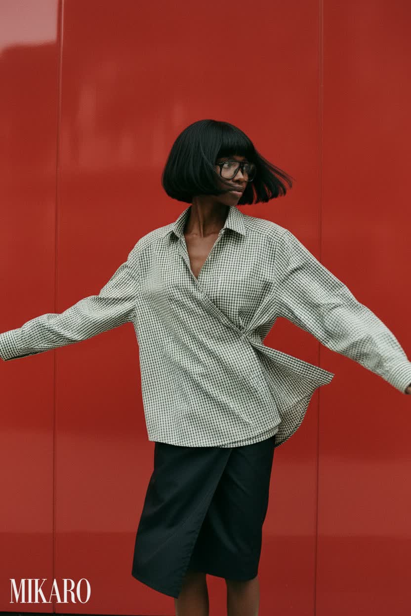 Dynamic Checkered Shirt & Wrap Skirt Ensemble