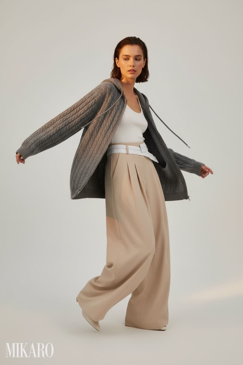 Dynamic Knitwear and Wide-Leg Trousers Fashion Shot