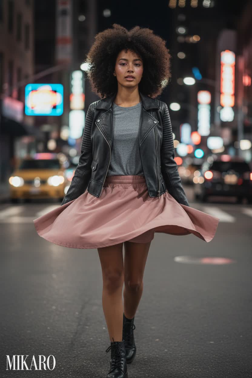 Dynamic Urban Style with Leather and Flowing Skirt