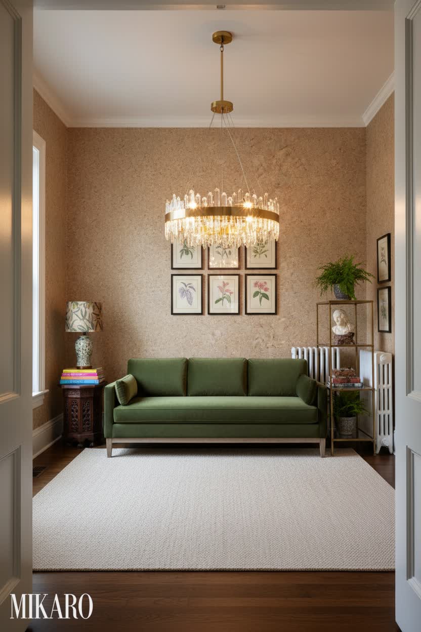 Eclectic Alcove: Luxurious Gold Chandelier, Green Velvet Sofa, and Textured Rug.