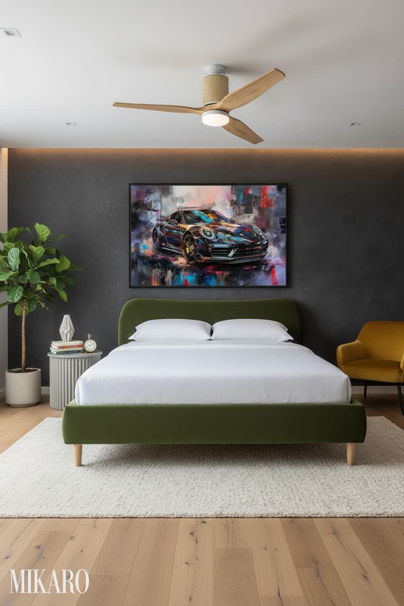 Eclectic Bedroom: Bold Art, Velvet Bed & Organic Modern Fan – Pinterest-Worthy Design