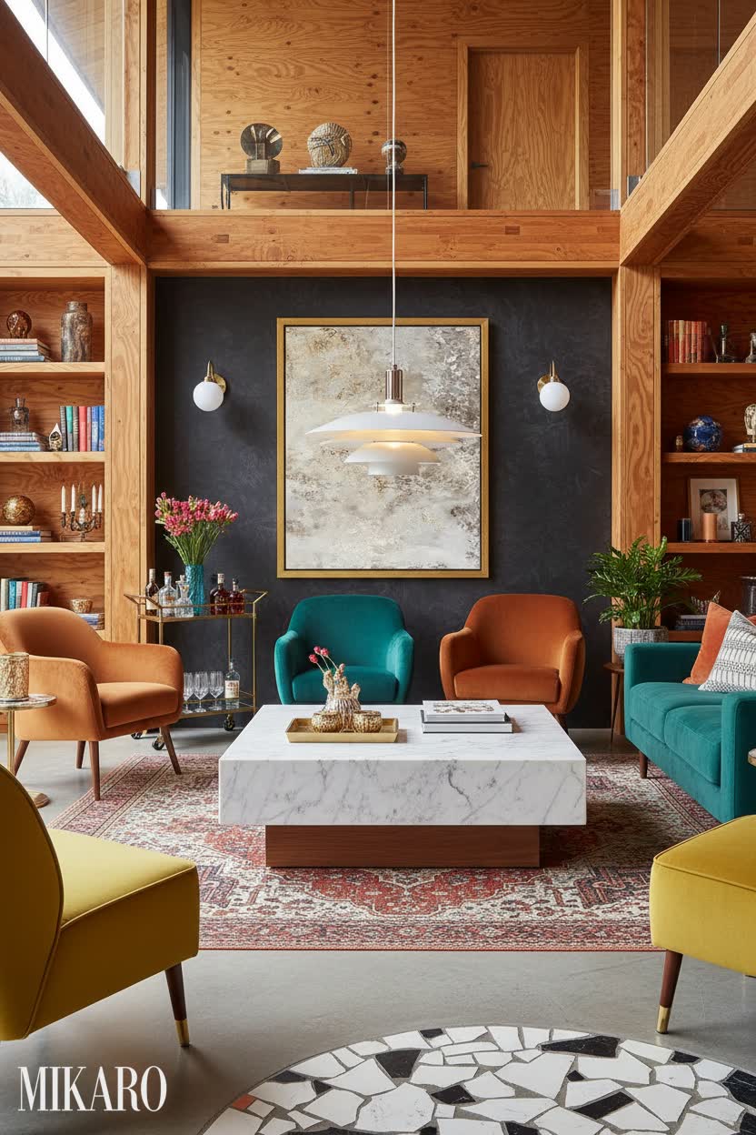 Eclectic Elegance: A Modern Home Bar with Rich Textures and Bold Hues