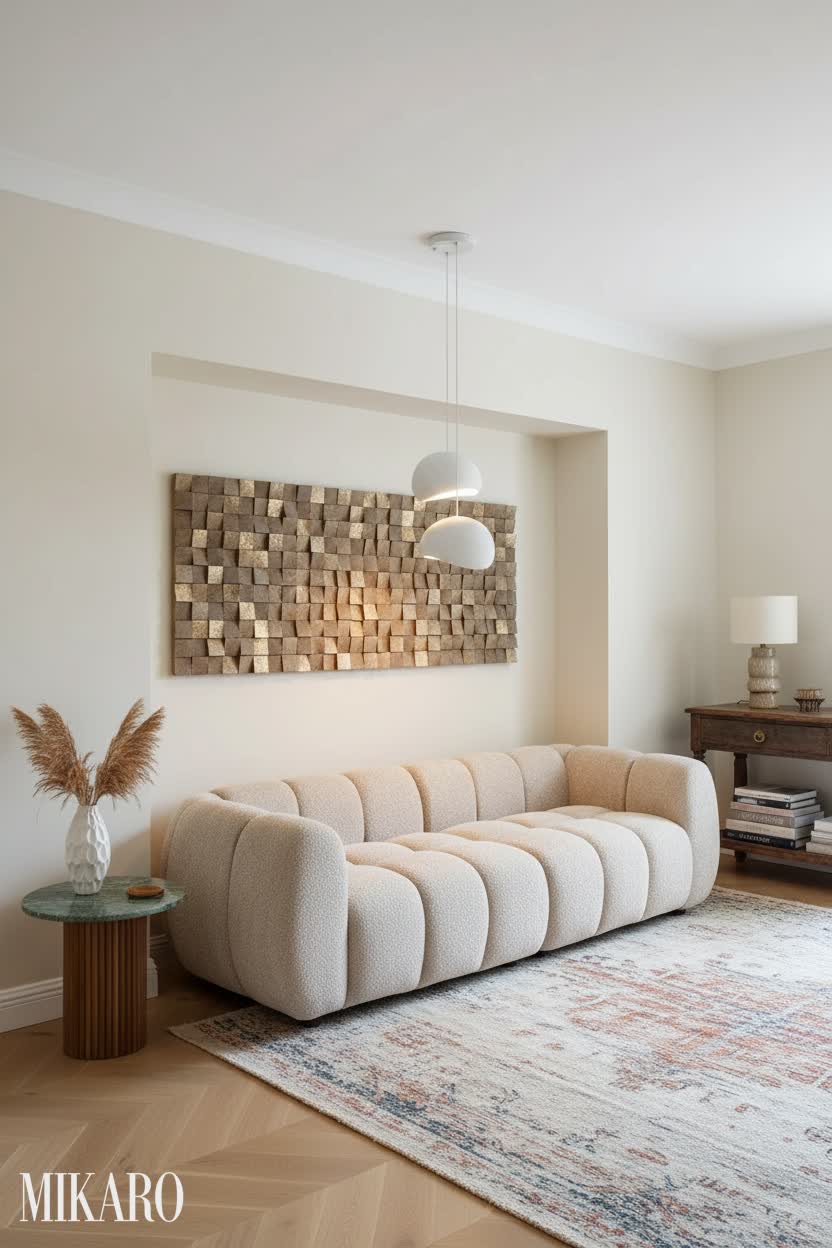 Eclectic Elegance: Modern Sofa & Art in a Recessed Niche