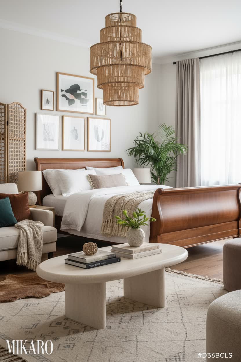 Eclectic Elegance: Modern Stone Coffee Table & Bohemian Chandelier in a Refined Setting