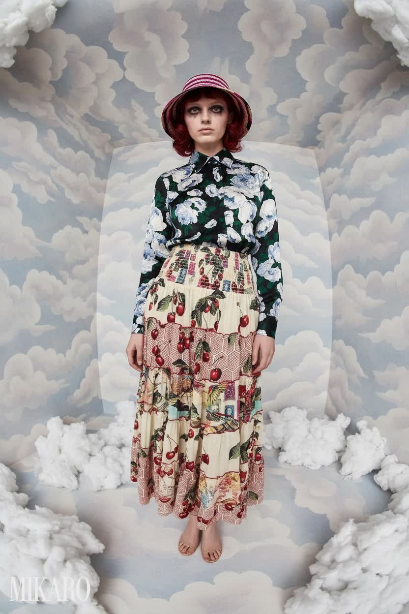 Eclectic Floral and Cherry Blossom Ensemble with Crochet Hat