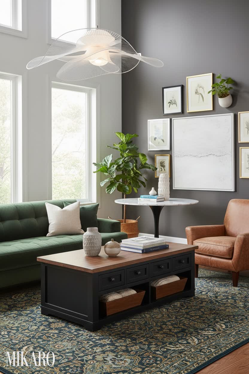 Eclectic Living Room Design: Modern Chandelier, Farmhouse Coffee Table & Art Inspiration