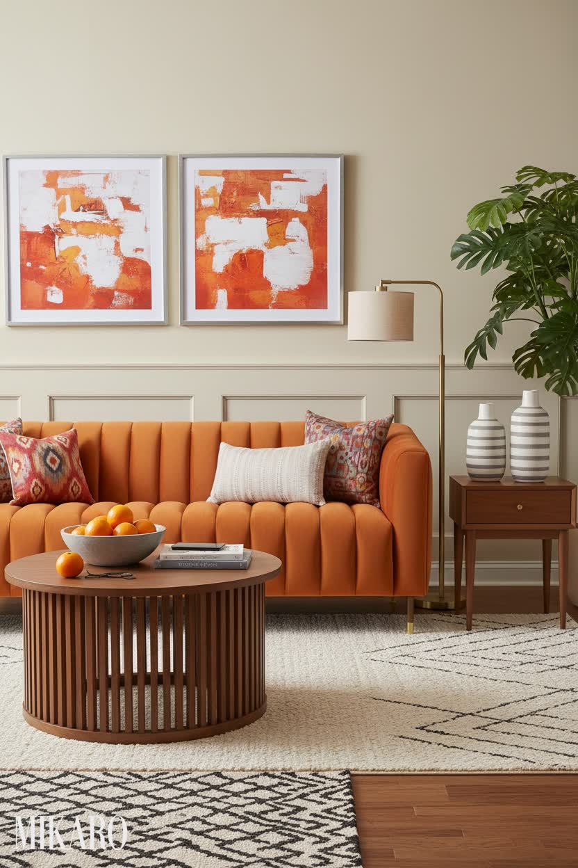 Eclectic Living Room Design: Orange Velvet Sofa, Walnut Coffee Table & Striped Vases