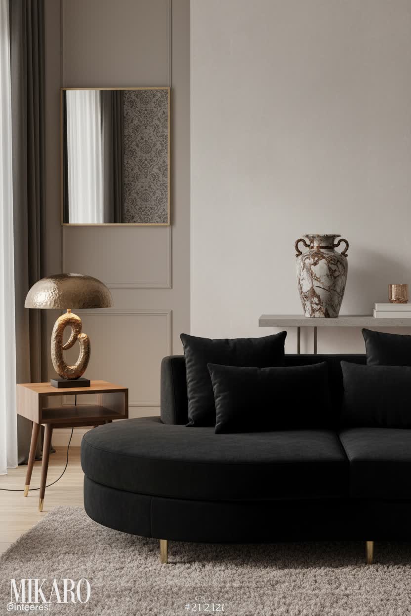 Eclectic Living Room Design: Roundabout Sofa, Metal Lamp & Marble Vase Inspiration