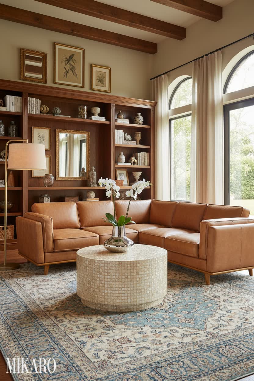 Eclectic Luxury Living Room: Cognac Leather Sofa, Gold Capiz Table & Koppel Vase