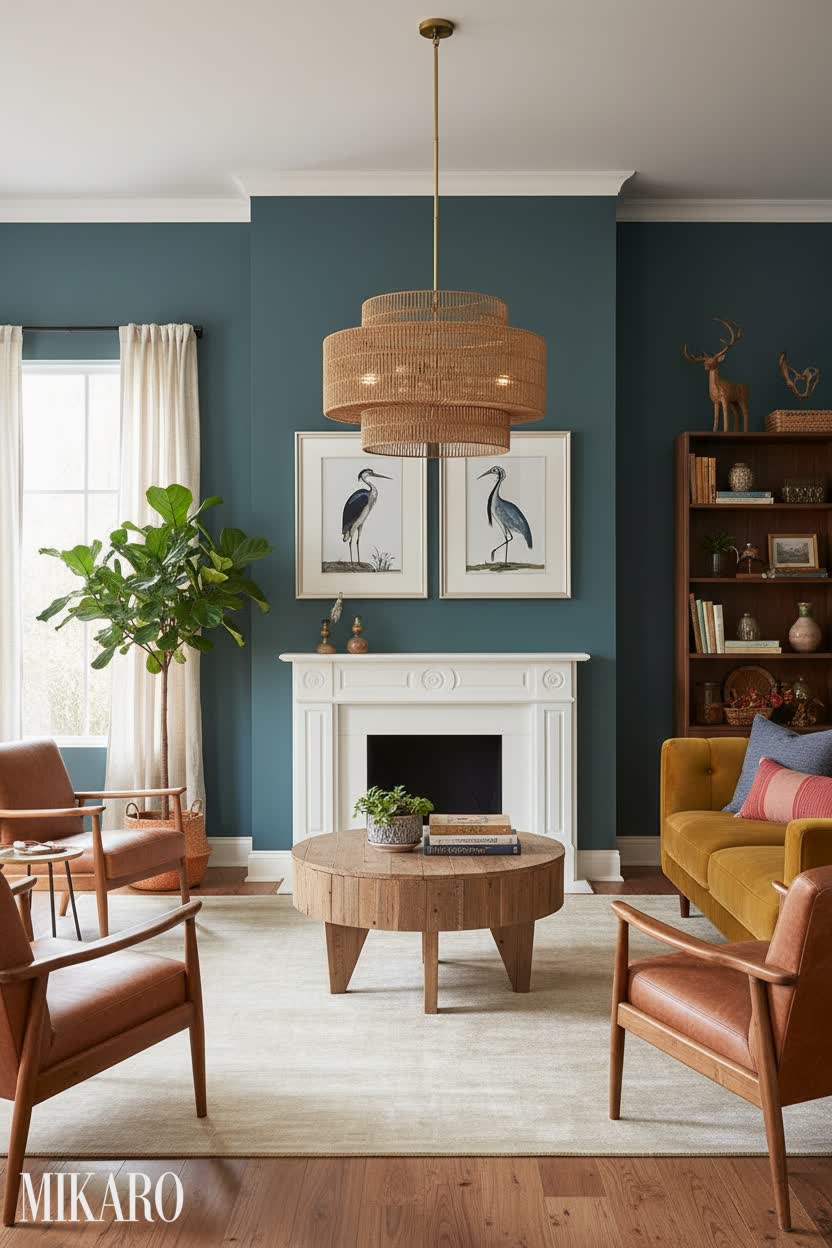Eclectic: Rattan & Teal Living Room