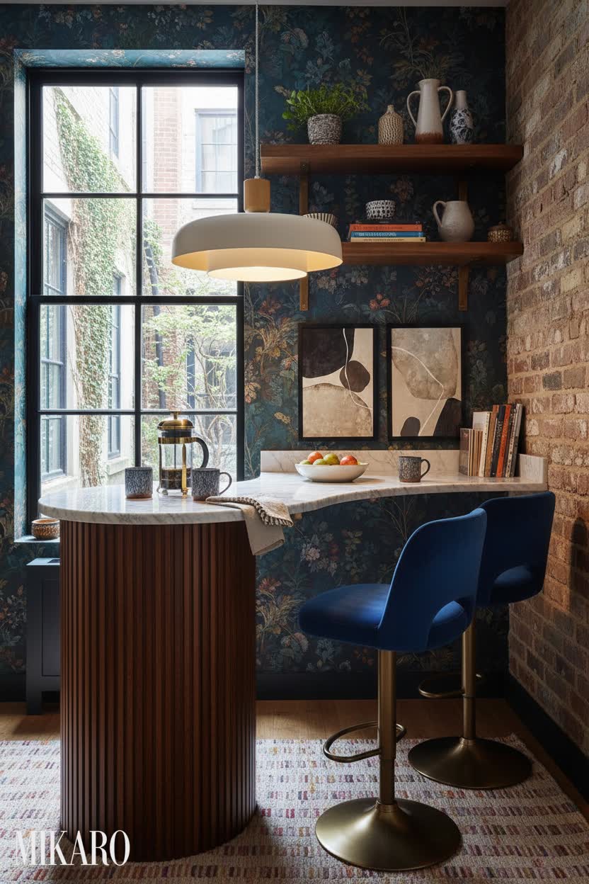 Eclectic: Vibrant Breakfast Bar in a Compact City Kitchen