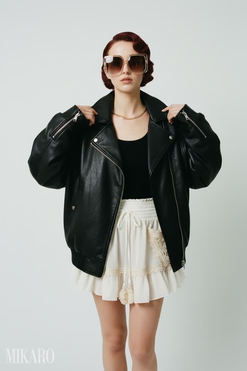 Edgy Chic: Leather Jacket & Crochet Skirt Ensemble