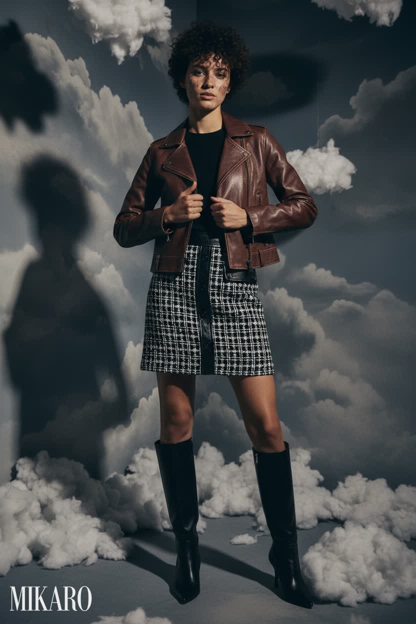 Edgy Chic: Tweed Skirt and Leather Moto Jacket