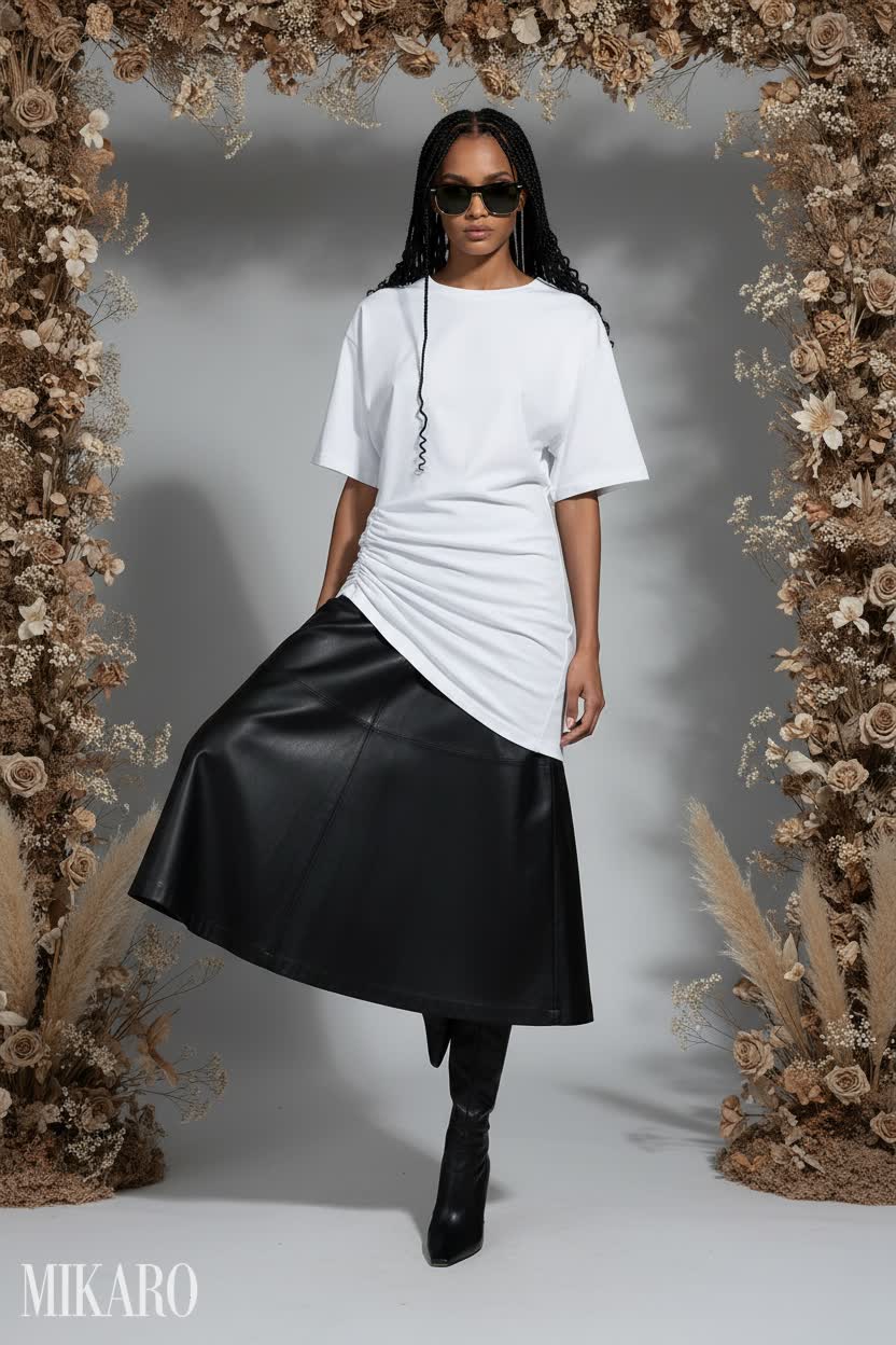 Edgy Chic: Vegan Leather Skirt, Asymmetric Tee & Clubmaster Sunglasses