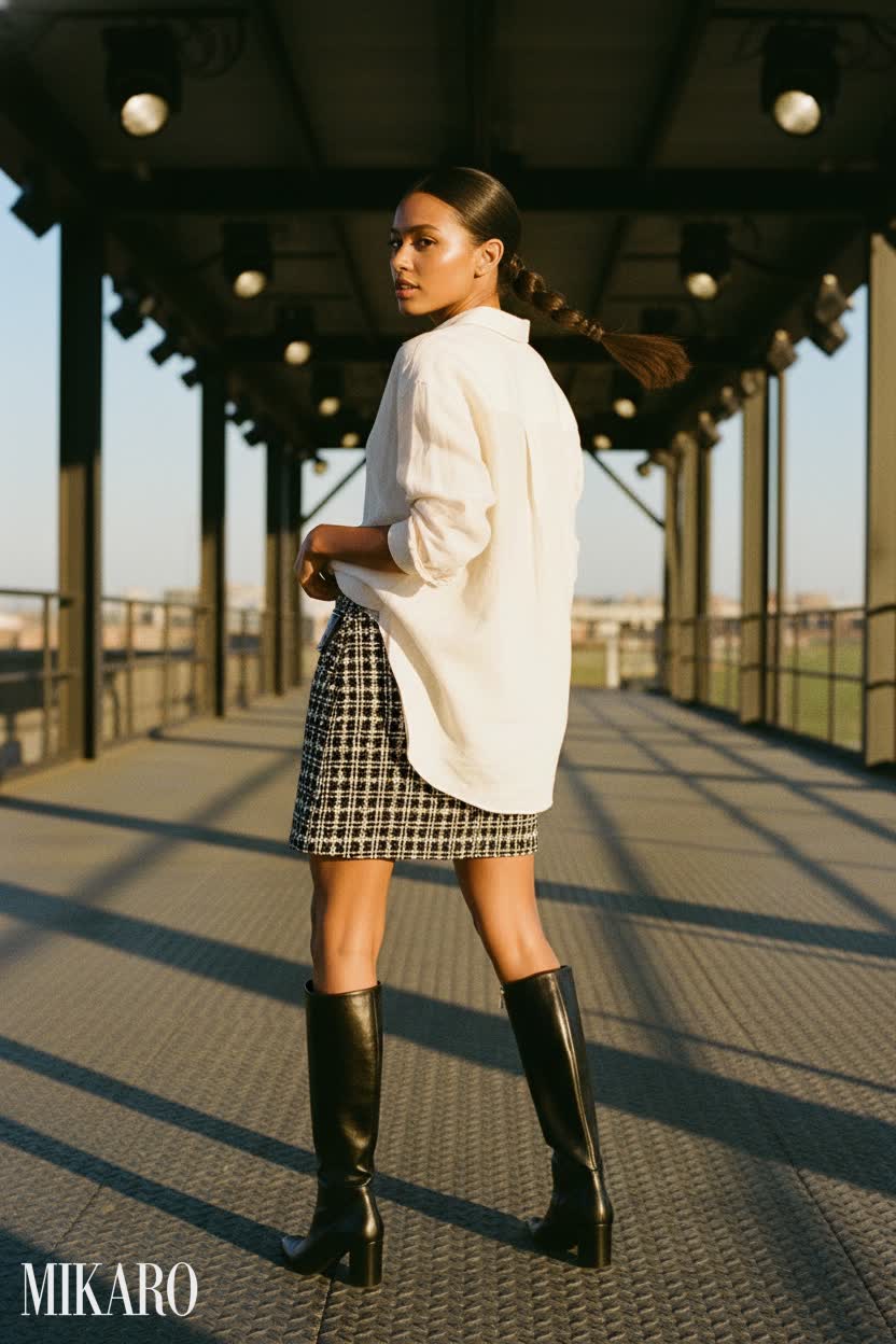 Effortless Chic: Linen Shirt & Tweed Skirt Combo