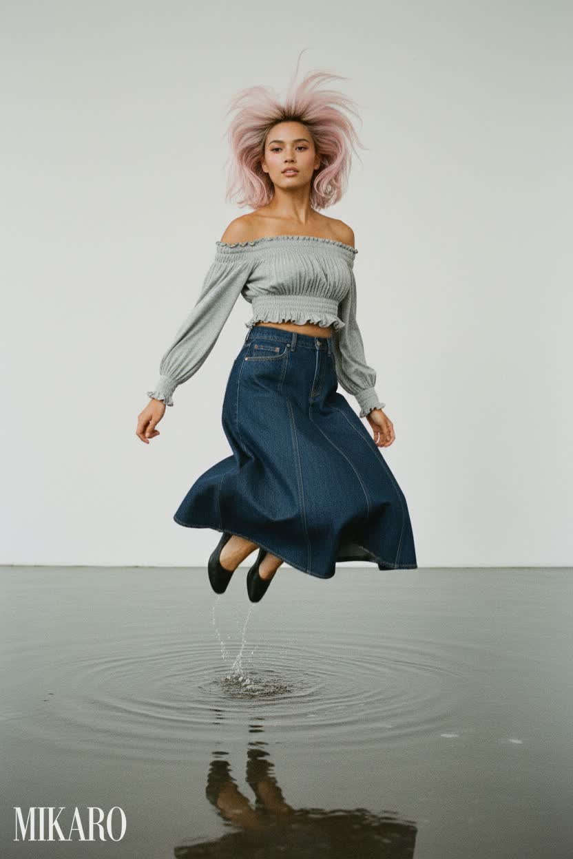 Effortless Grey Off-Shoulder Top & Denim Midi Skirt