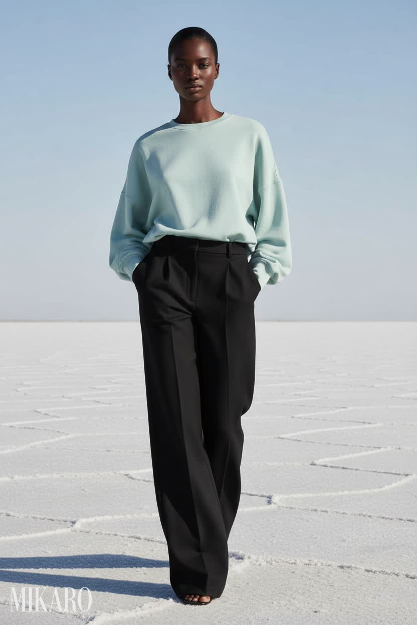 Effortless Salt Flat Chic: Wide-Leg Trousers & Oversized Sweatshirt