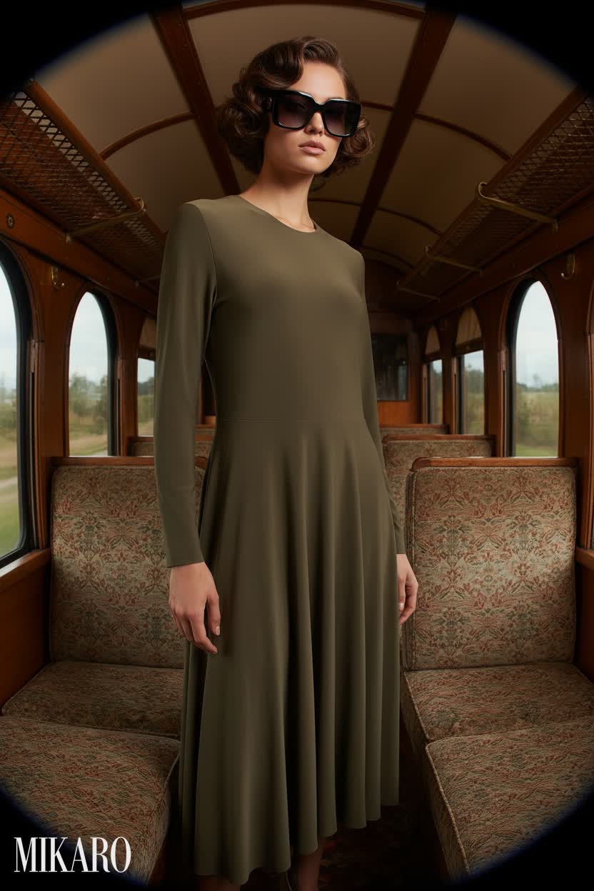 Elegant Autumnal Grace: Long-Sleeve Flared Dress & Gucci Sunglasses