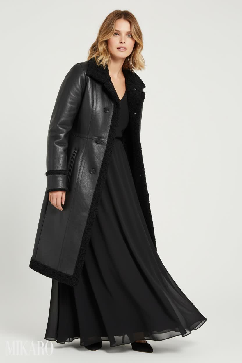 Elegant Black Ensemble with Leather Coat and Maxi Skirt