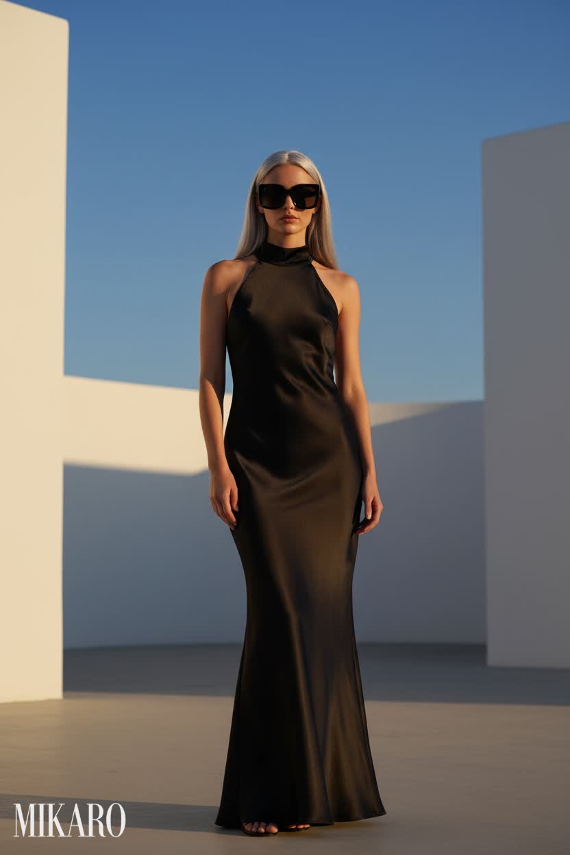 Elegant Black Halter Dress with Oversized Sunglasses
