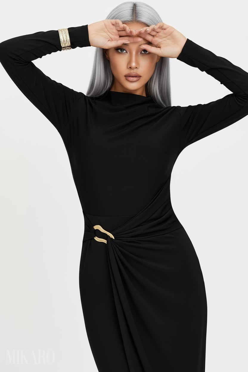 Elegant Black Midi Dress with Gold Accent on a Korean Model