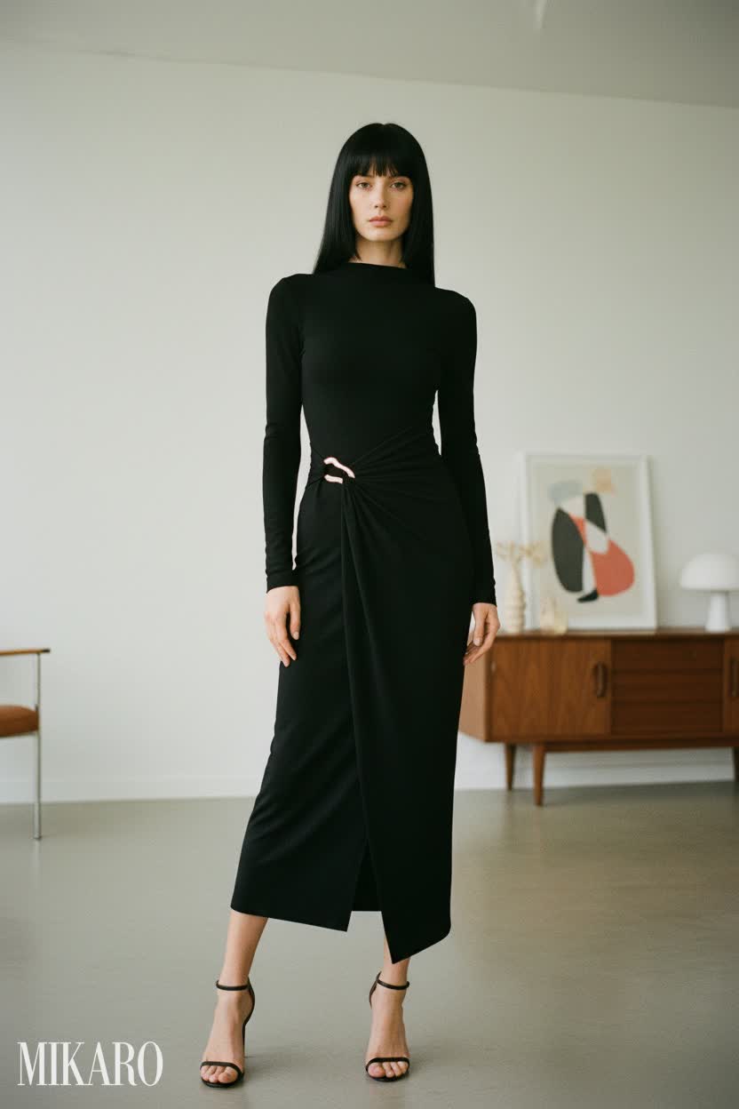 Elegant Black Mock Neck Midi Dress with Asymmetrical Hem