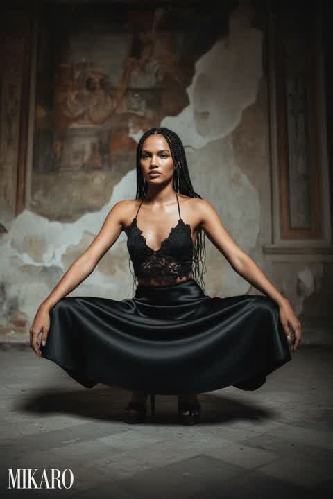 Elegant Black Satin Skirt and Lace Halter Top Ensemble