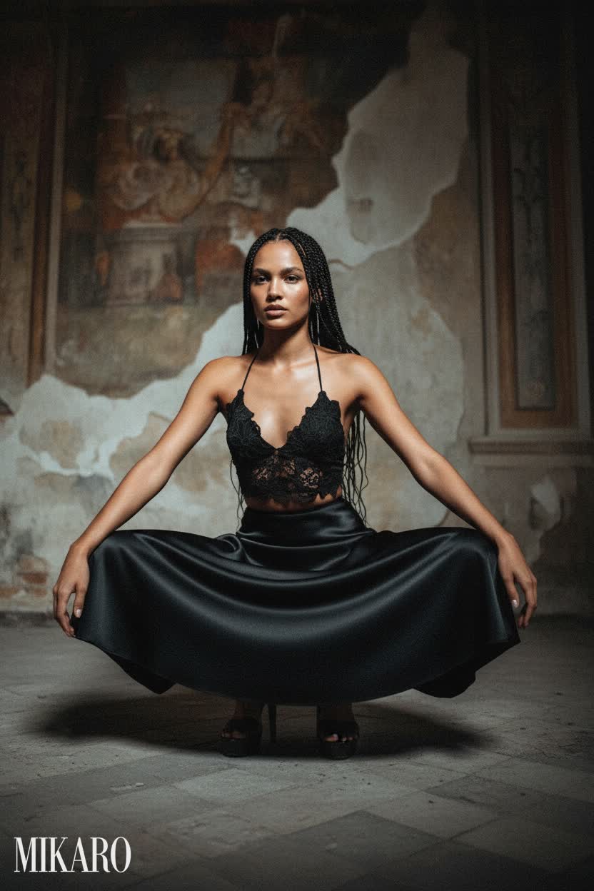 Elegant Black Satin Skirt and Lace Halter Top Ensemble