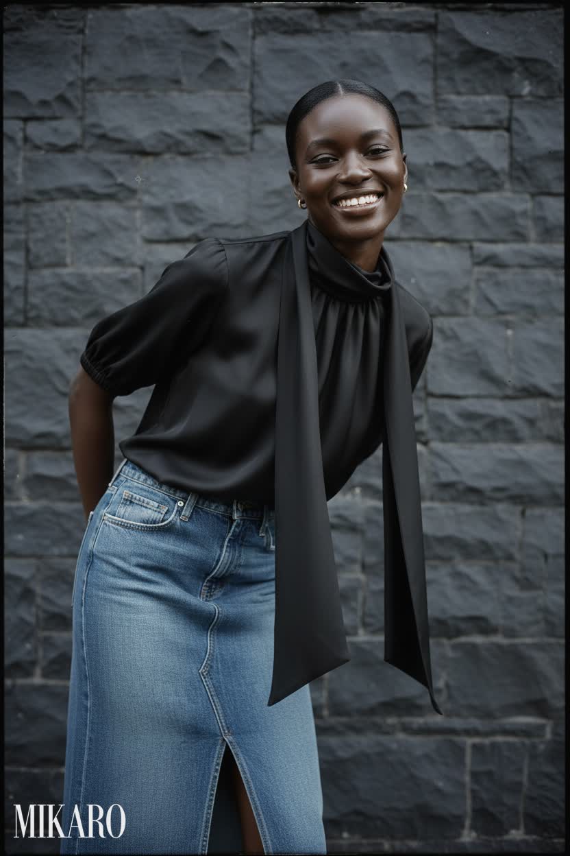 Elegant Black Silk Blouse with Denim Midi Skirt