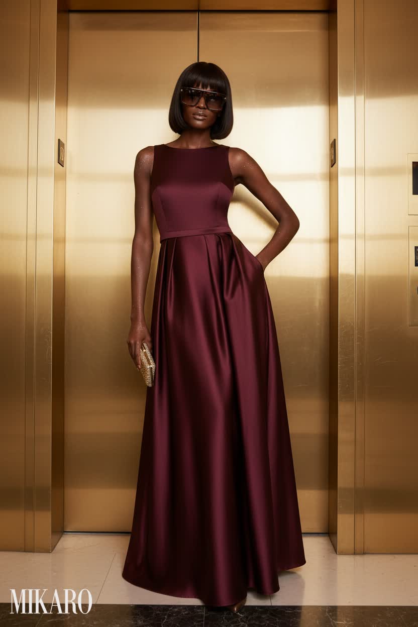 Elegant Burgundy Gown with Tom Ford Sunglasses
