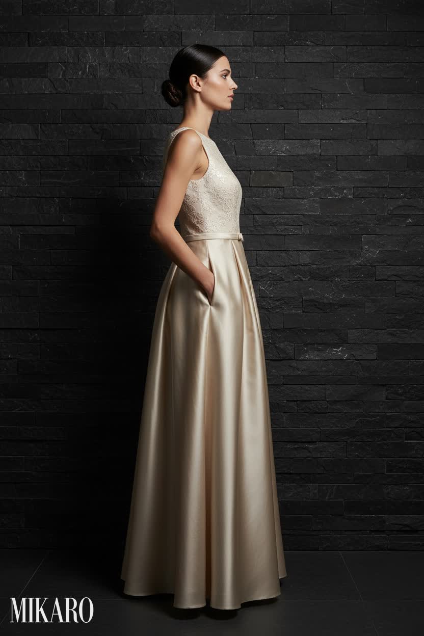 Elegant Champagne Gown with Gold Clutch