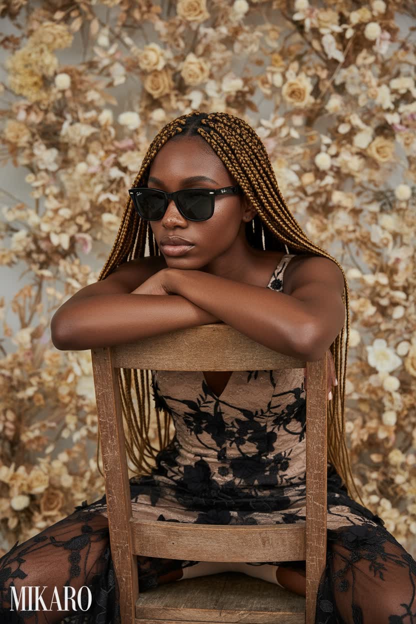 Elegant Embellished Gown with Chic Sunglasses